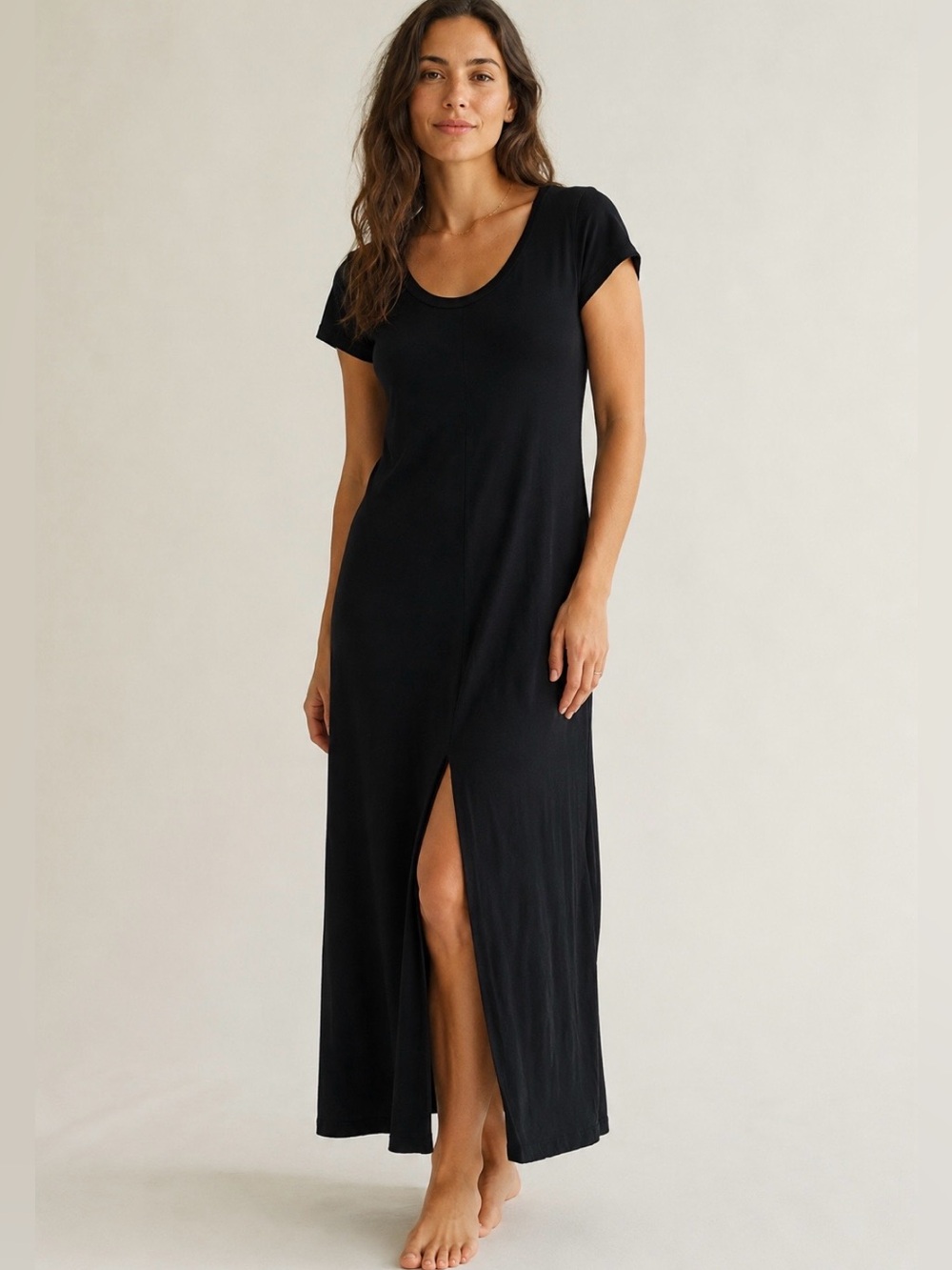 Sundry Black T-Shirt Maxi Dress Front Slit Minimalist Casual Dress sz 0 Coastal